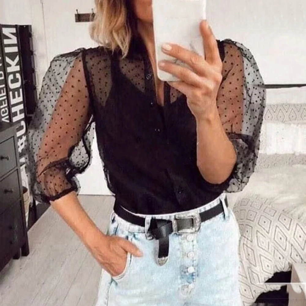 Женская сетчатая прозрачная шифоновая блузка с длинным рукавом сексуальные топы