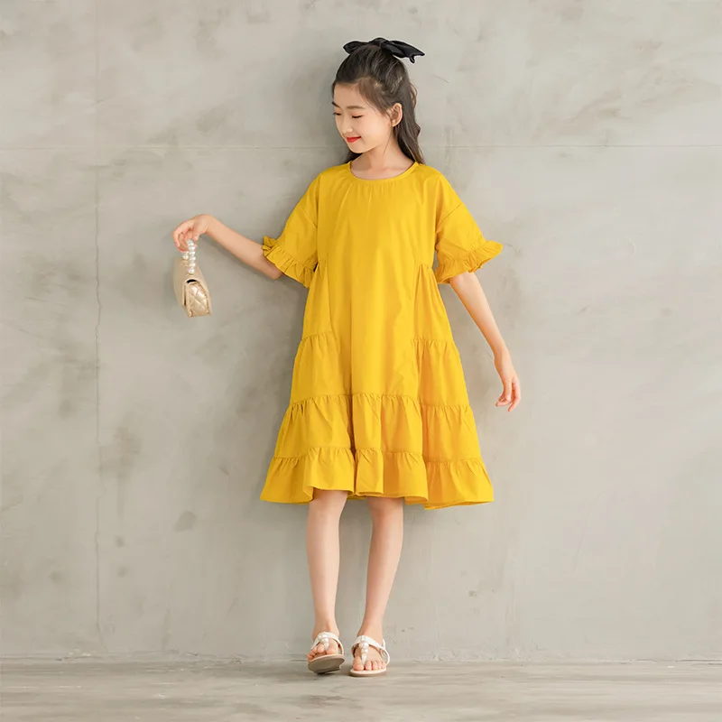 

Kids Cute Dress 2021 Girls New Summer Dress 100% Cotton Ruffles Teen Dress Children Baby Clothes Yellow Ruched,#6294