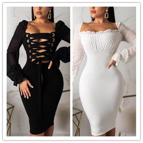 

Women Dots Mesh Splicing Lace-Up Back Bodycon Dress Puff Sleeve Square Neck Plain Sexy & Club Sheath Slim Fit Solid Party D