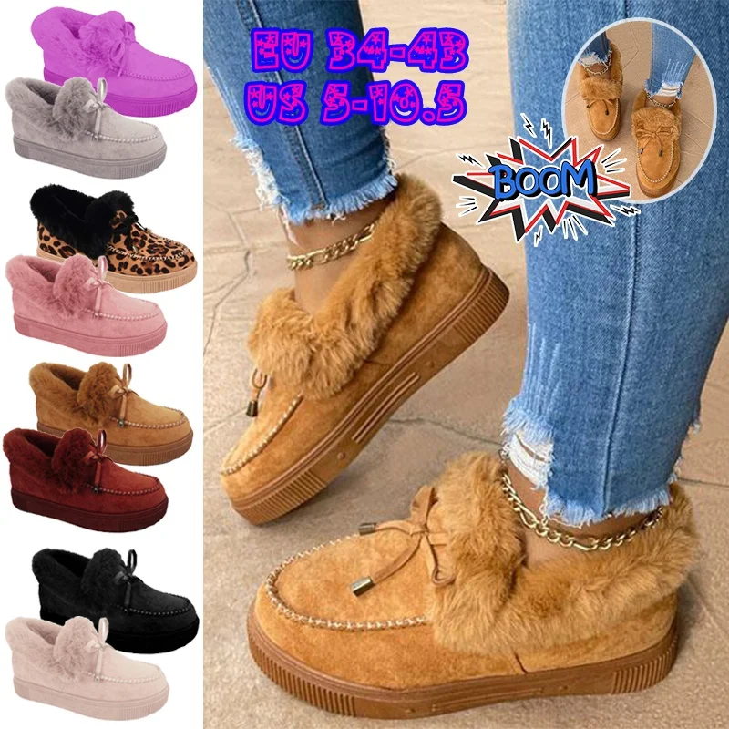 

Women Winter Boots Female Ankle Shoes Suede Leather Snow Boots Plush Natural Fur Warm Slip-on Ladies Shoes Flats Plus Size 35-43