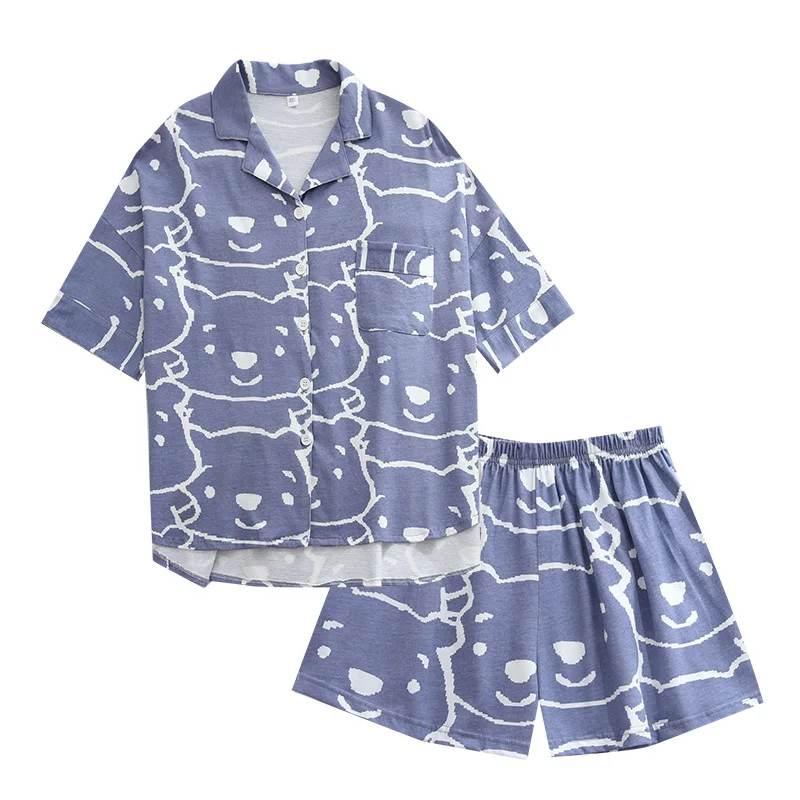 217 Thin Bear Sleepwear Cotton Pajamas For Women Sets Home Suit Turn-Down Collar Short Sleeve Sleep Tops Shorts Female Homewear