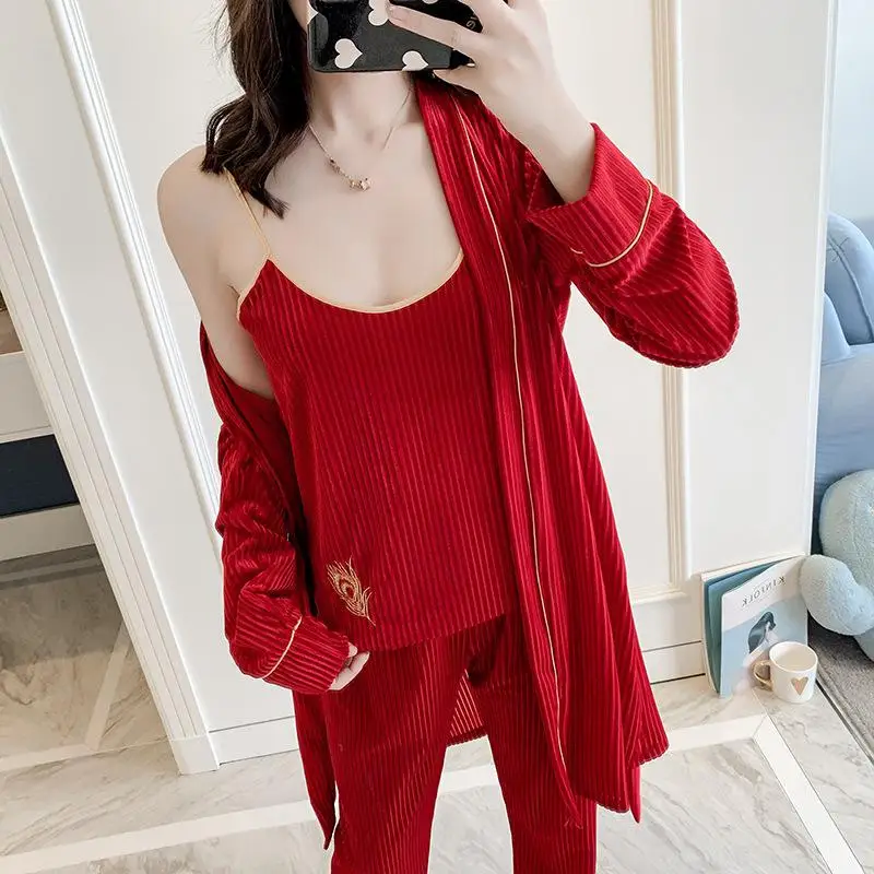3pcs Robe 2 Новинка, Осенний бархатный женский халат, набор, сексуальное кружевное кимоно, халат, 2 шт., ночная рубашка, Свадебный халат для невесты, M, L, XL - Цвет: 3pcs Robe 2