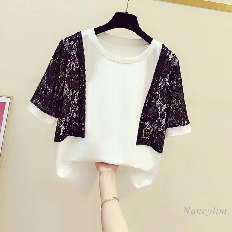 

Black Lace Stitching Round Neck Short-Sleeved White T-shirt Women's 2021 Summer New Casual All-Matching Tops Ropa Mujer