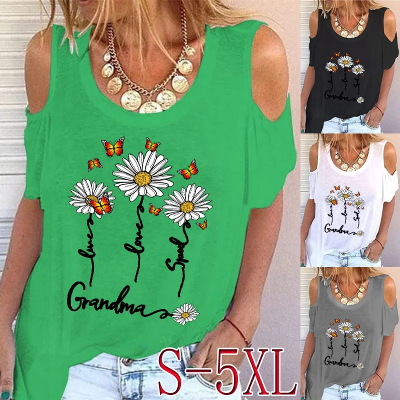 

Женская футболка с принтом в виде бабочек и маргариток, с открытыми плечами