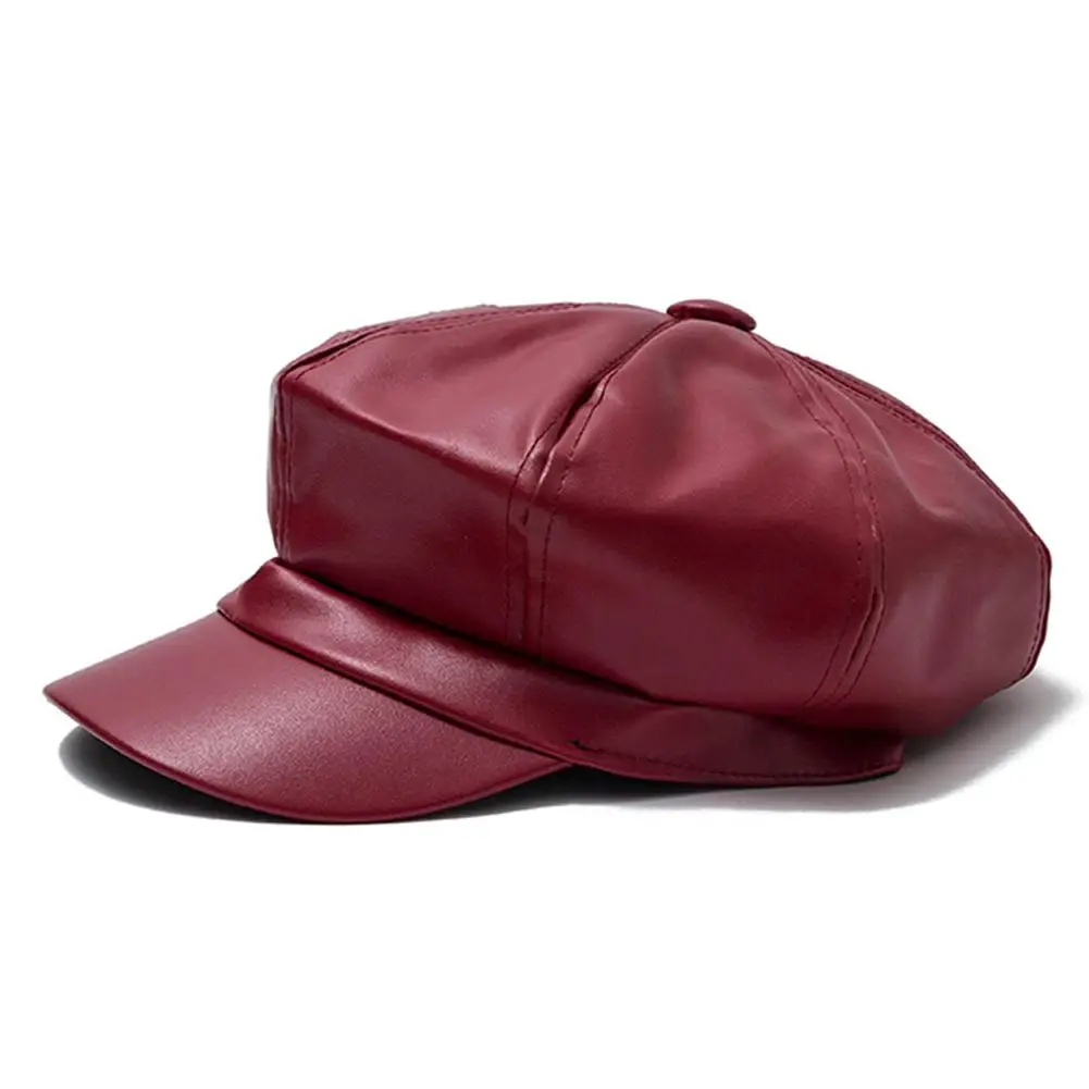 Wine red 1 шт., Корейская версия, однотонные цветные от солнца, женские, из искусственной кожи, восьмиугольная кепка, Британская мода, дикая шляпа - Цвет: Wine red