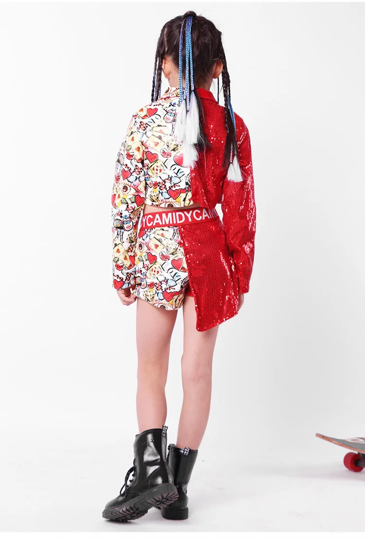 Детский костюм для джазовых танцев красная куртка с блестками в стиле хип-хоп |