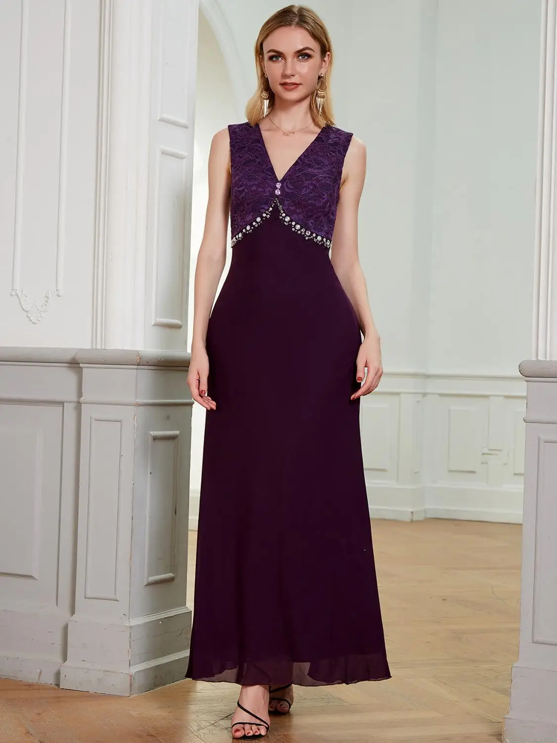 

Angel-fashions Plunge V Neck Backless Beading Lace Evening Dresses Purple 529