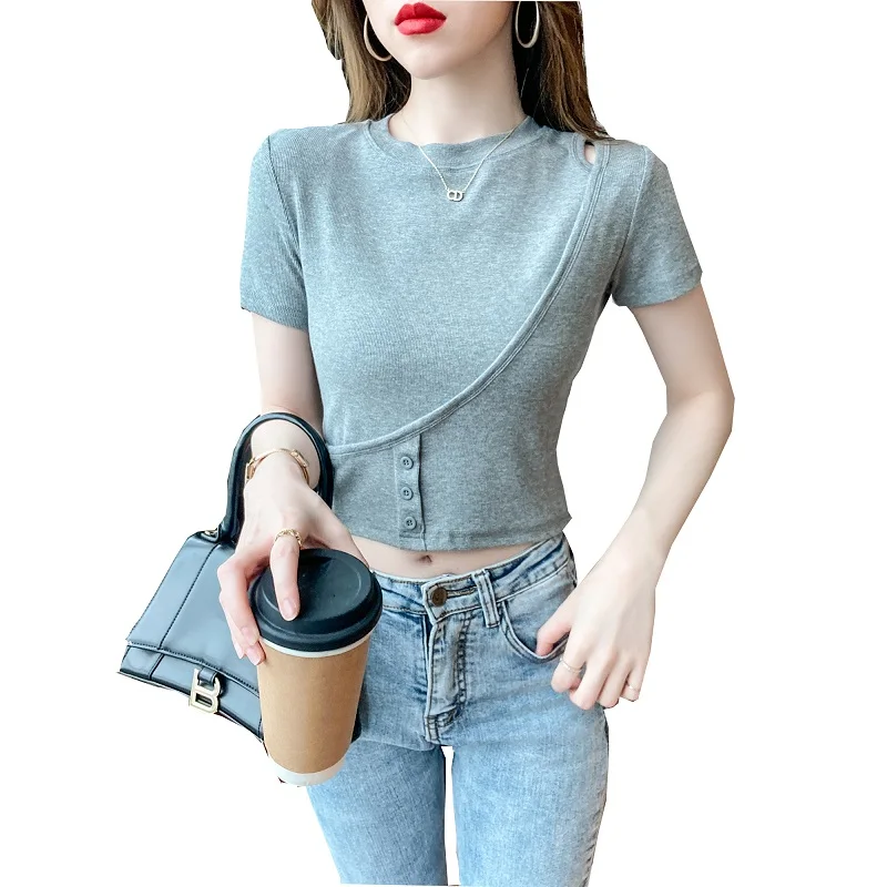 

Design Short-Sleeved T-shirt for Women Ins Online Red Super Popular 2021 Summer New Solid Color Cropped Slim Top
