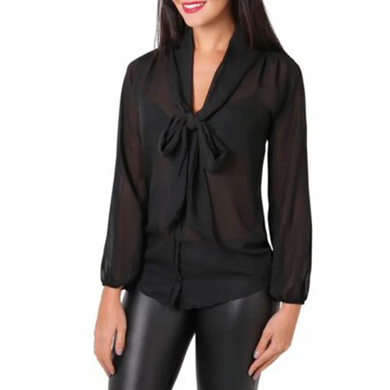 

Женская шифоновая блузка с длинным рукавом и бантом