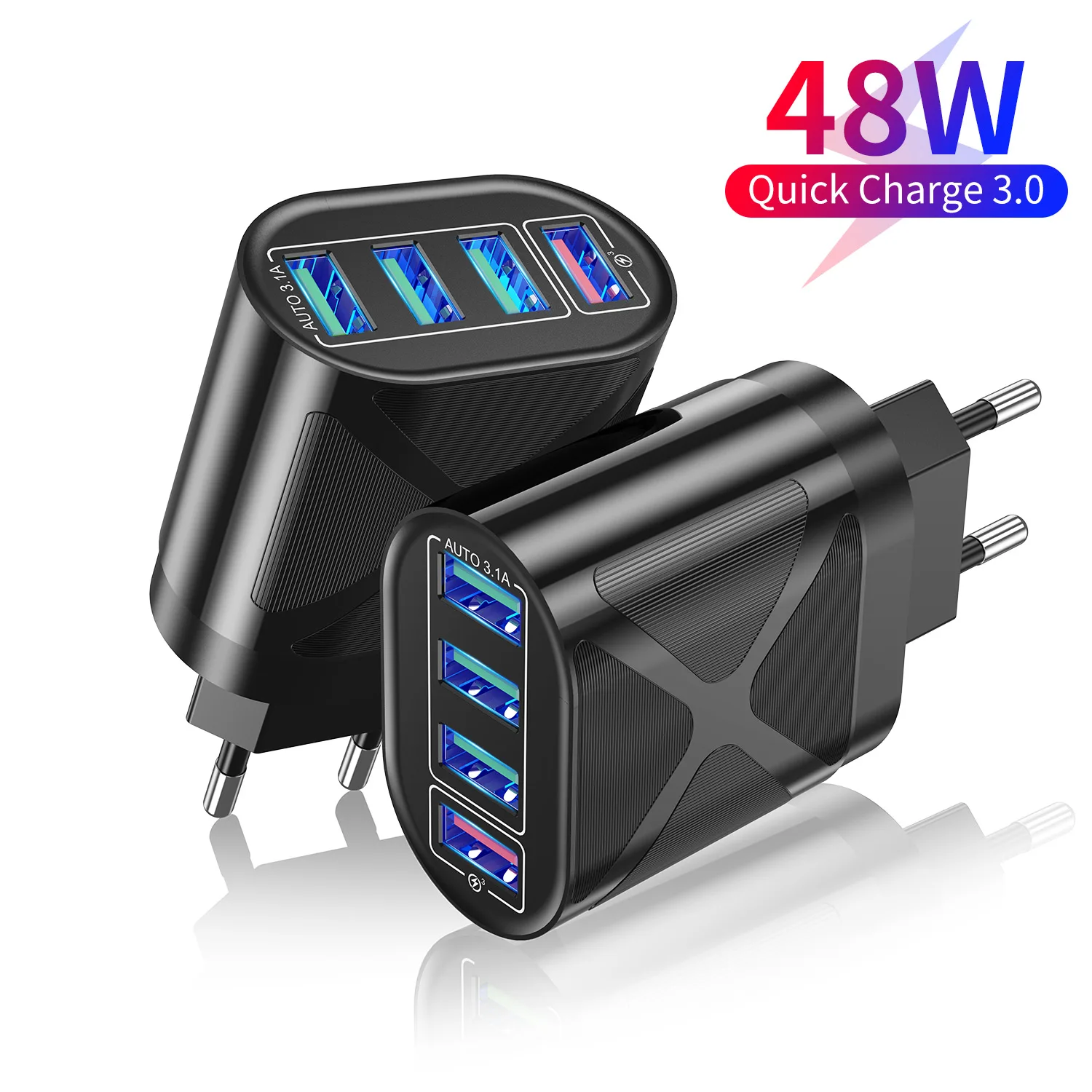 

EU/US/UK Plug USB Charger 3A Quik Charge 3.0 Mobile Phone Charger 4 Port 48W Fast Wall Chargers For iPhone 12 Pro Max Xiaomi