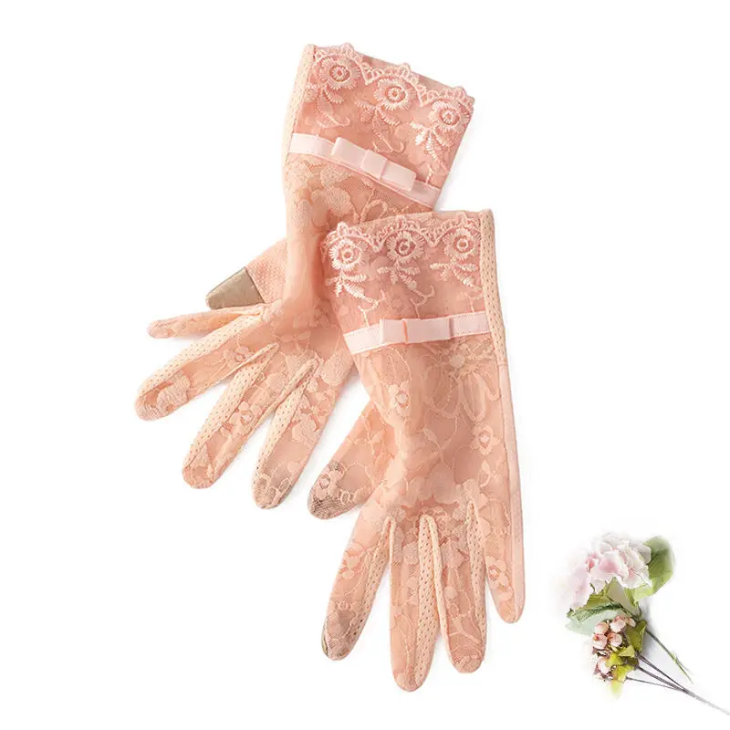 

Summer Ice Silk Sunscreen Gloves Korean Female Thin Lace Bow Touch Screen Wedding Dress Non Slip UV Cycling Driving Mittens J52