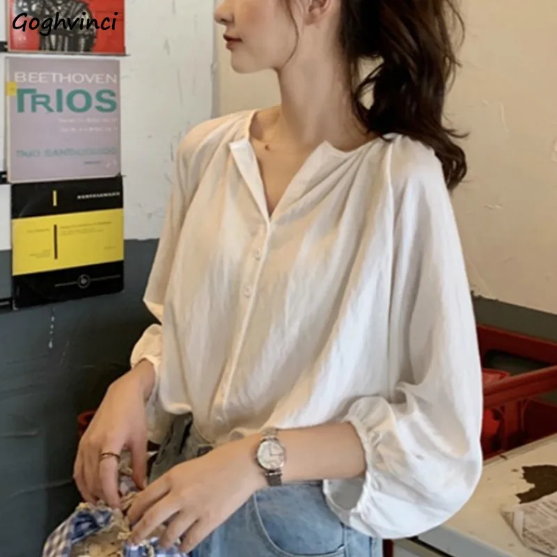 

Shirts Women Three Quarter Puff Sleeve Solid Chic All-match Loose Street Wear Womens Korean Style Elegant Trendy Soft Simple New