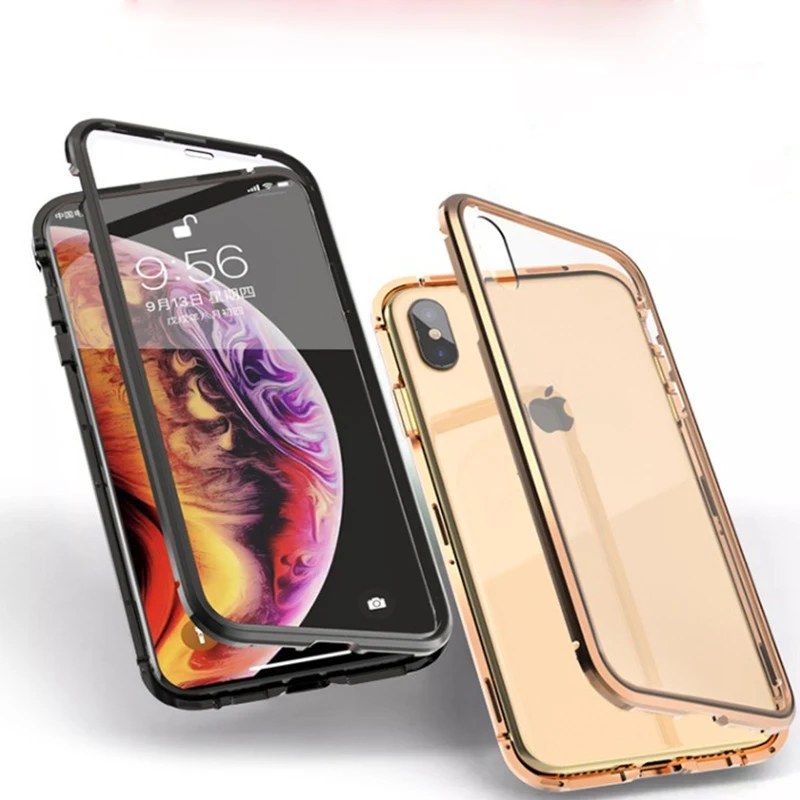 For iPhone Xs Xr Max Cover Luxury Clear Front Back Full Tempered Glass Magnetic Metal Frame Case 6S 7 8 Plus |