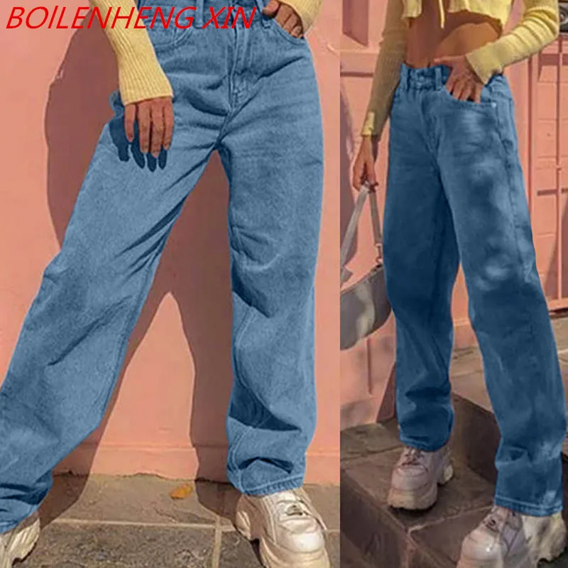 

Женские джинсы с завышенной талией, синие ковбойские брюки в стиле Харадзюку, винтажные прямые брюки в уличном стиле, весна 2021