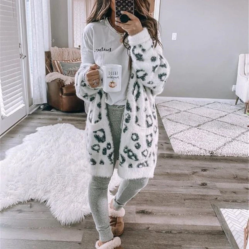 

Leopard Print Loose Sweater Coat Mid-length Cardigan Women's Clothing