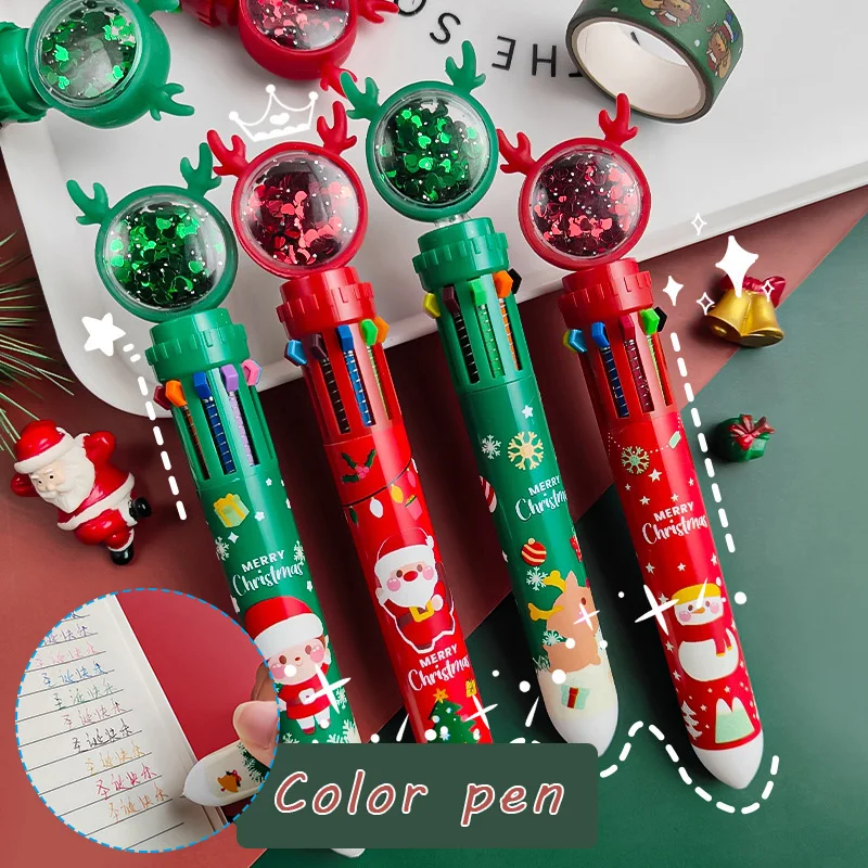 

Multicolor Ballpoint Pen Xmas Theme Printed 10 Colors Cute Cartoon Retractable Ballpoint Pens School Office Supply B99