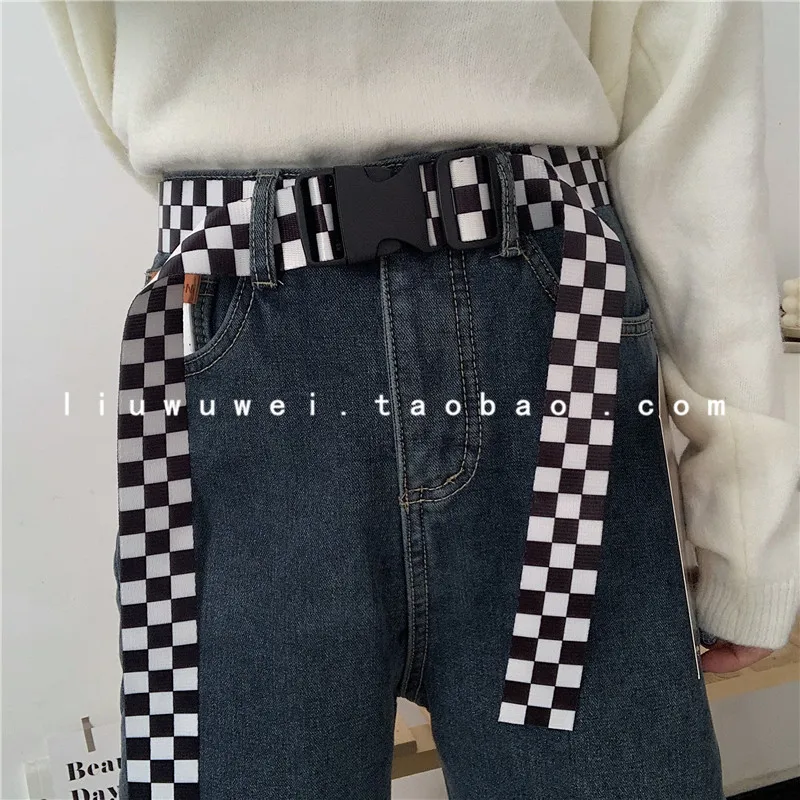 

INS Simple Plaid Canvas Female Korean Style Personality All-Match Release Buckle Jeans Belt Trendy Fashion Decoration Men