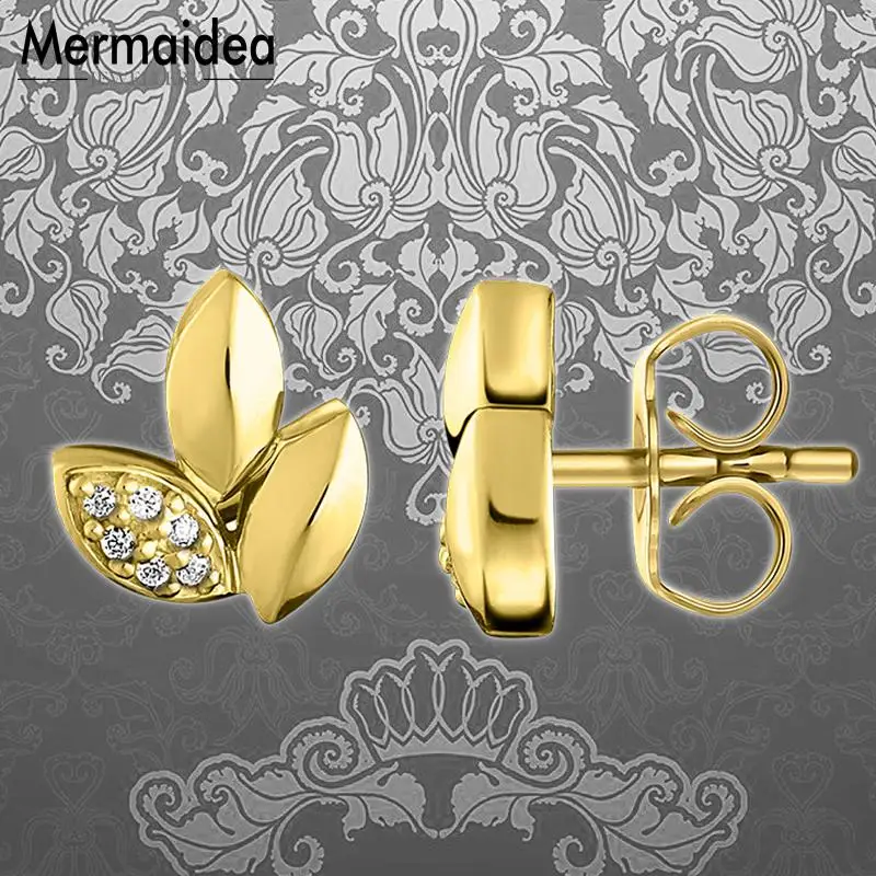 Серьги гвоздики с золотыми листьями и серебряным покрытием модные ювелирные