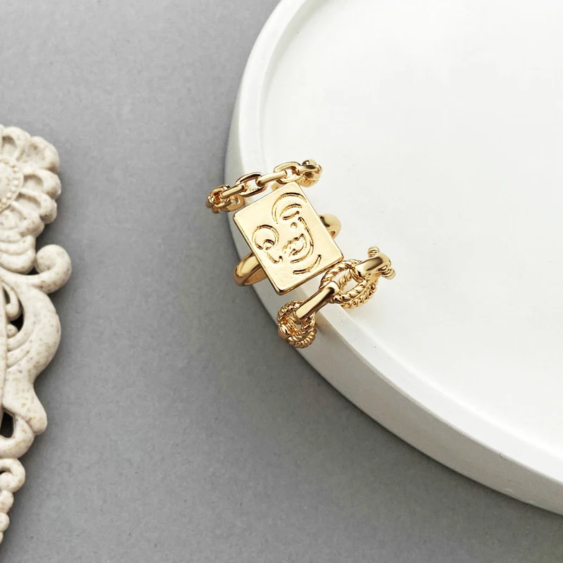 

2021 Human Face Rings Irregular Chain Gold Color Open Rings Retro Ring Punk Style Jewelry for Men Women Set
