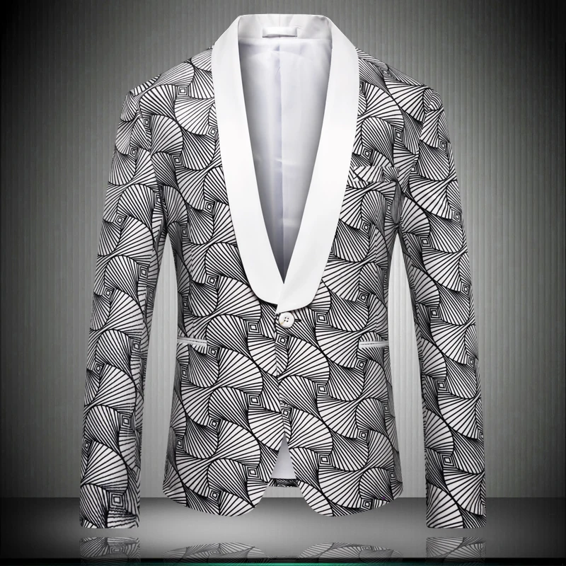 

Blazer Silver Shawl Men's Lapel 2020 New England Style Designer Single Button Pattern Men Dress Jacket Slim Party K9012