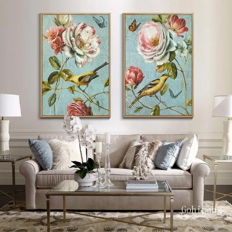 Свежие садовые цветы птица холст картина в скандинавском стиле декоративный