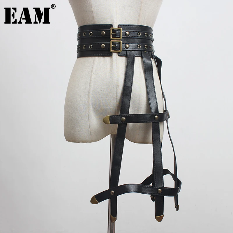 [EAM]  Pu Leather Black Irregular Bandage Long Belt Personality Women New Fashion Tide All-match Spring Autumn 2023 1DC095