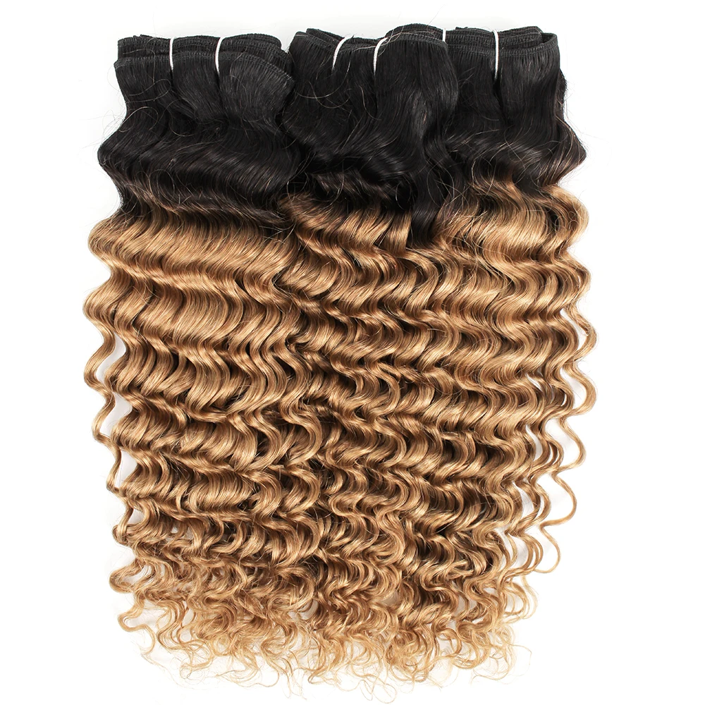 Kisshair T1B27 deep wave hair bundles 2 tone ombre honey blonde hair deep curly pre-colored Indian human hair extension