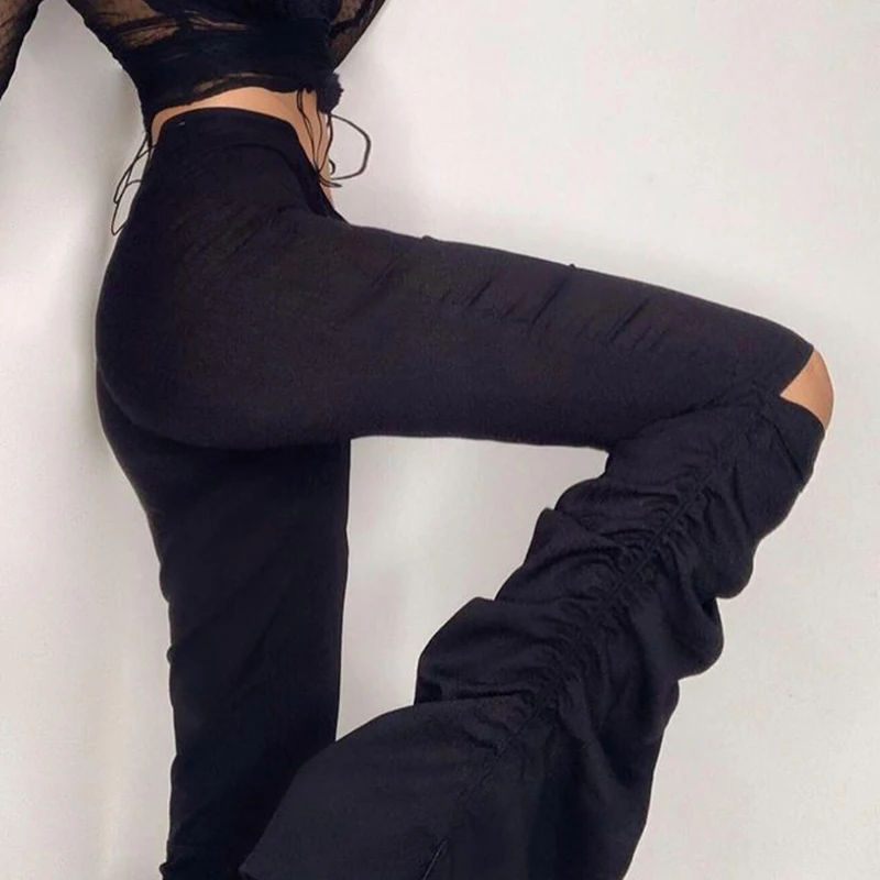 

Ripped Drawstring Runched Stacked High Waisted Y2k Pants Women Fashion 2021Chic Black Flare Trousers For Female Sweatpants Capri