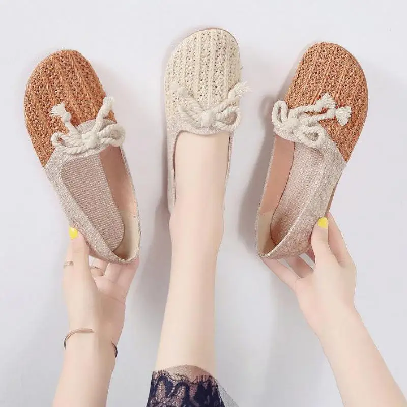 

Туфли женские сетчатые с бантом, плоская подошва, лоферы, без застежки, дышащие, школьная обувь, льняные