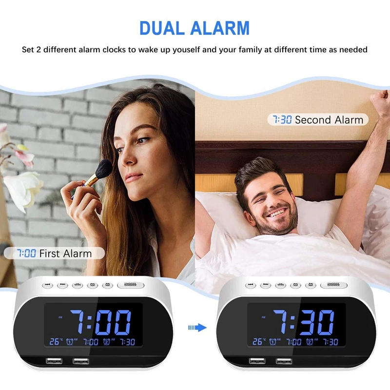 

Alarm Clock Radio, FM with Sleep Timer, Dual USB Port Charging, Digital Display,with Dimming,Adjustable Volume (White)