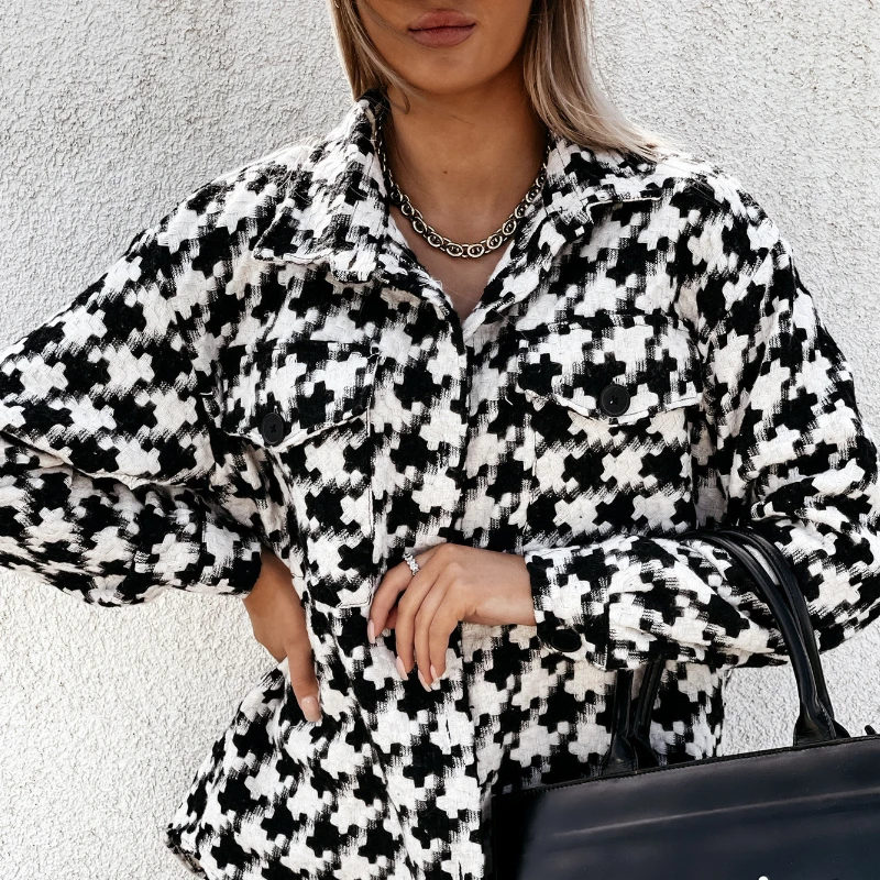 

Autumn and Winter Long-sleeved Houndstooth 2021 Printed Woolen Coat, Feminine Temperament Trend Women's Straight Casual Coat
