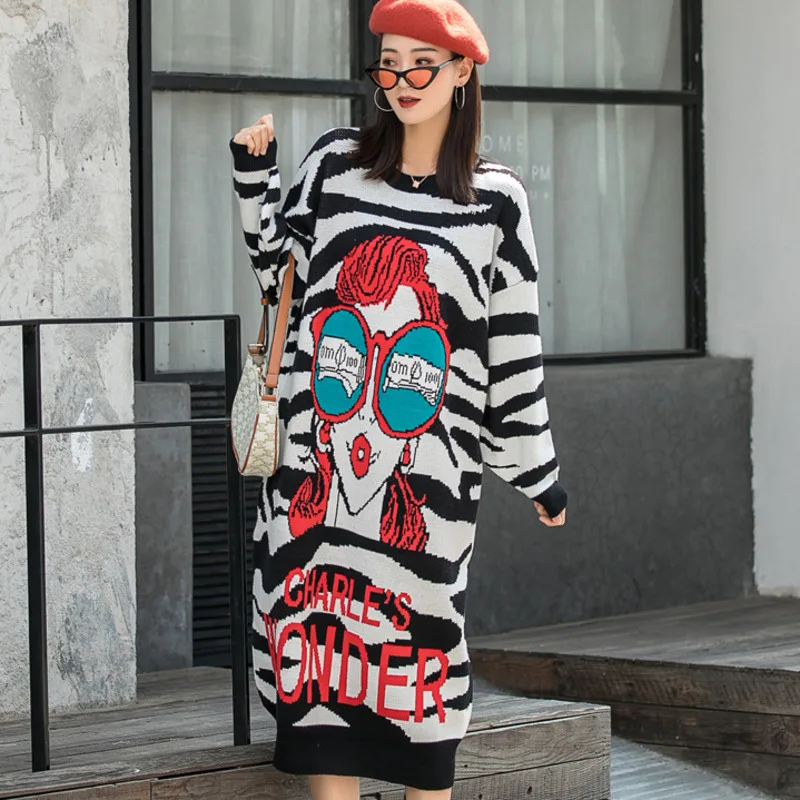 QING MO 2022 Spring New Women Clothing Printed Sweater Dress Large Size Black White Striped TT115Q | Женская одежда
