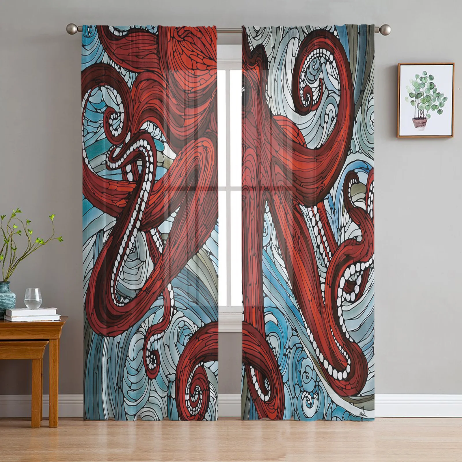 Красный осьминог волны печати сплошные оконные панельные шторы комната для