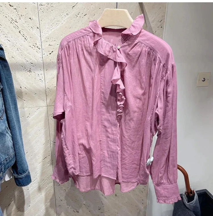 

Early Autumn Women's Ruffles Blouses Two Colors Long Sleeve Simple 2021 New Ladies Shirts