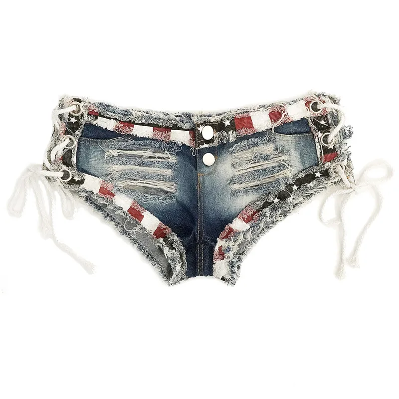 

Low waist Women jeans denim shorts Summer denim cotton prints Splicing Bandage hole Ladies Skinny Mother super short jeans