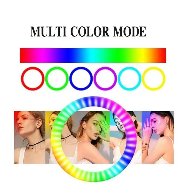 

8 Inch Ring Led Light With Tripods 15Light Colors Rainbow Ring Light Colorful Lighting For Vlogging Videos Mobile PC Three-color