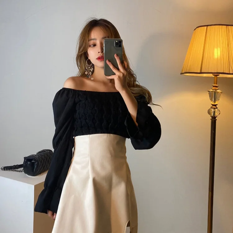 

Women Solid Retro Slash Neck Crop Top Tee Knitted +Chiffon Patchwork Slim
