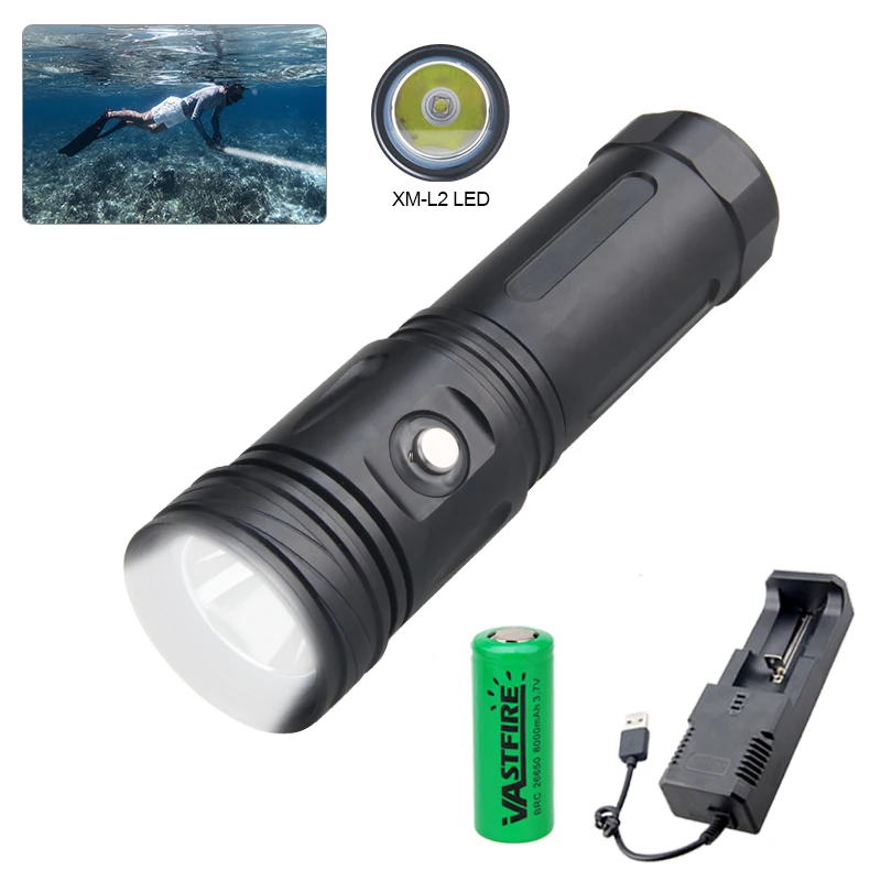 

led Waterproof Diving Flashlight XM-L2 LED Underwater 100 Meters Magnetically Switch Dive Lanterna With Rope+26650 18650 Battery