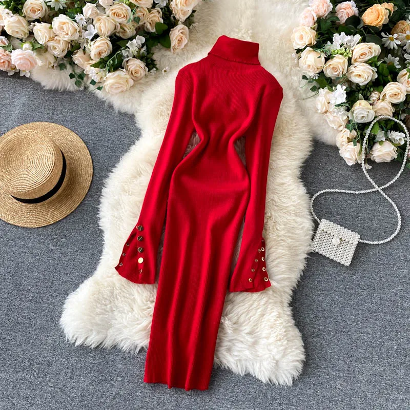 

Women Autumn Winter Knit Sweater Dress 2020 Warm Turtleneck Long Sleeve Slim Elastic Bodycon Party Dresses Vestidos