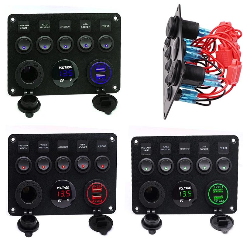 

5-клавишная морская панель переключателя для лодки, кемпера, морской RV 12 ~ 24 В, многофункциональный водонепроницаемый цифровой вольтметр с д...