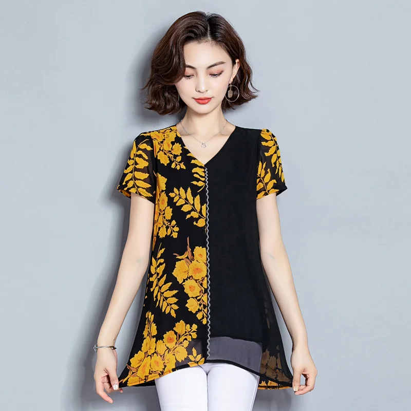 

Женские топы, Новинка лета 2021, женские блузки, Элегантная блузка в стиле Харадзюку, шифоновая женская блузка с коротким рукавом и принтом, ру...