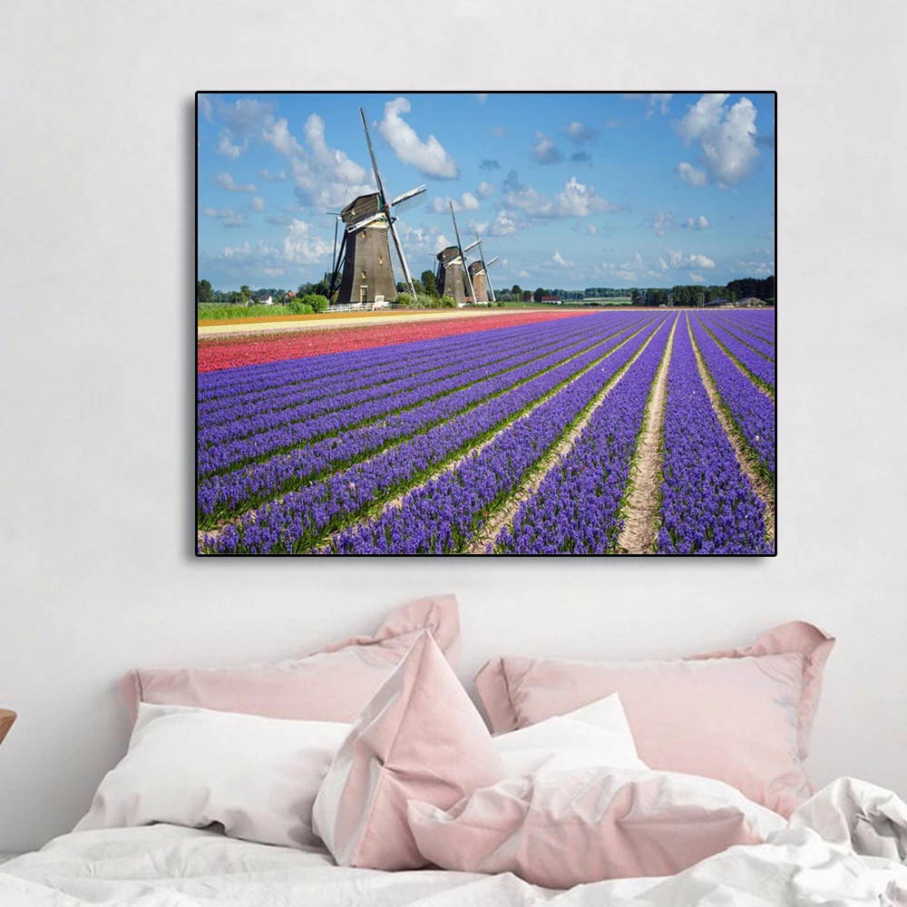 Laeacco Картина на холсте каллиграфия Цветущий Лавандовый фермерский пейзаж