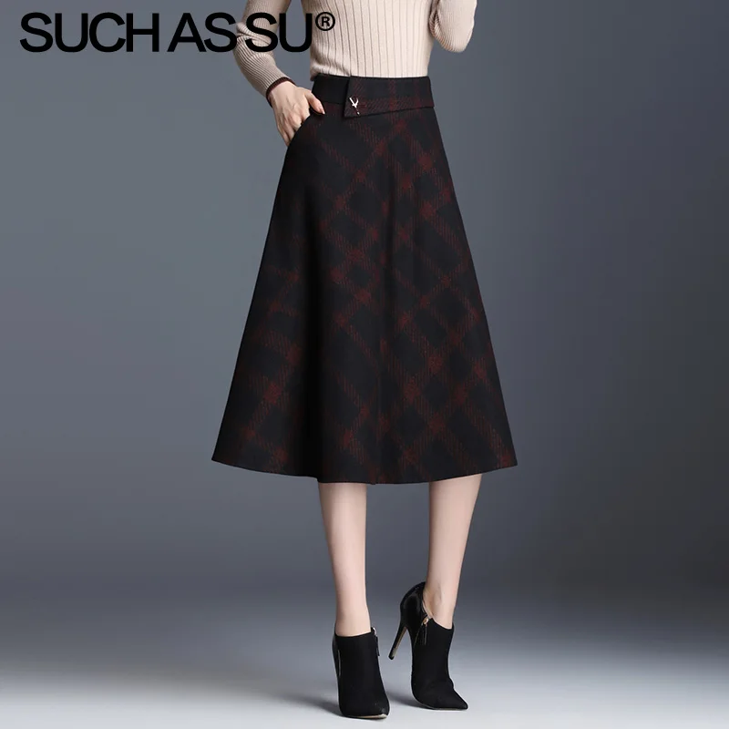 Red grid skirt Такая как SU новая трапециевидная Женская юбка осень зима черная красная сетчатая вязанная юбка с высокой талией S-3XL размера плюс плиссированная Женская юбка - Цвет: Red grid skirt