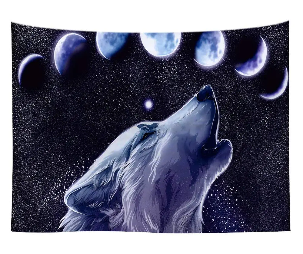 Картина с животными волком и луной звездное небо богемный индийский хиппи Триппи