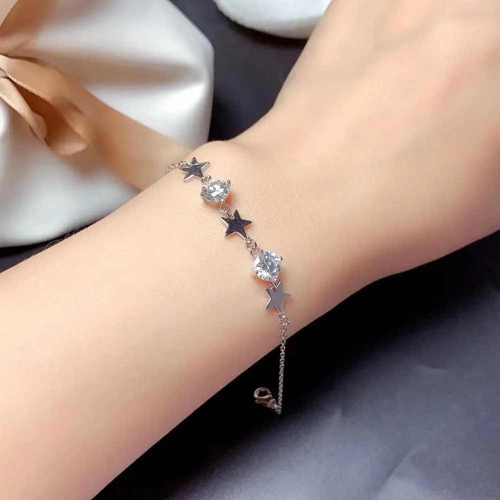 

MeiBaPJ новый белый браслет с бриллиантами и пятиконечными звездами, браслет из стерлингового серебра 925 пробы для женщин, изящные свадебные ук...