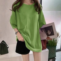 pure color medium long t shirt summer short sleeved women 2020 korean leisure large size loose fitting college style women