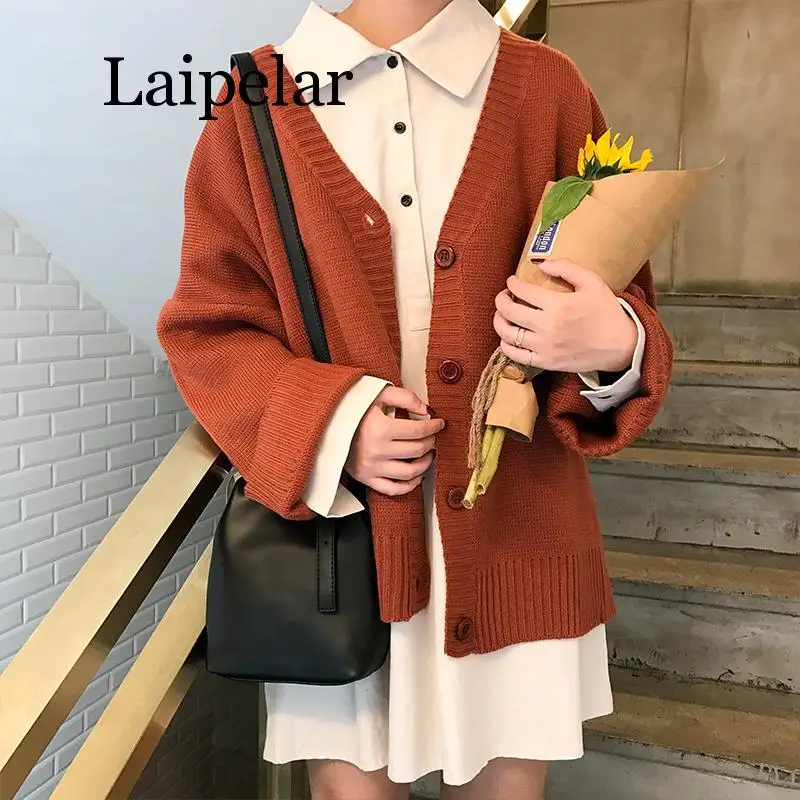 

Laipelar Autumn Women Sweater Solid Apricot Casual Knitted Cardigan V-neck Long Sleeve Button Loose Cardigans