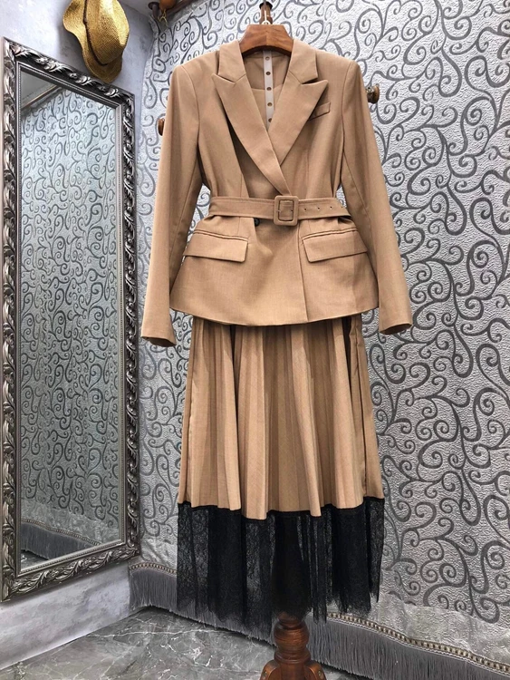 

2021 new women fashion belt lapel blazer + stitching lace half skirt suit 717