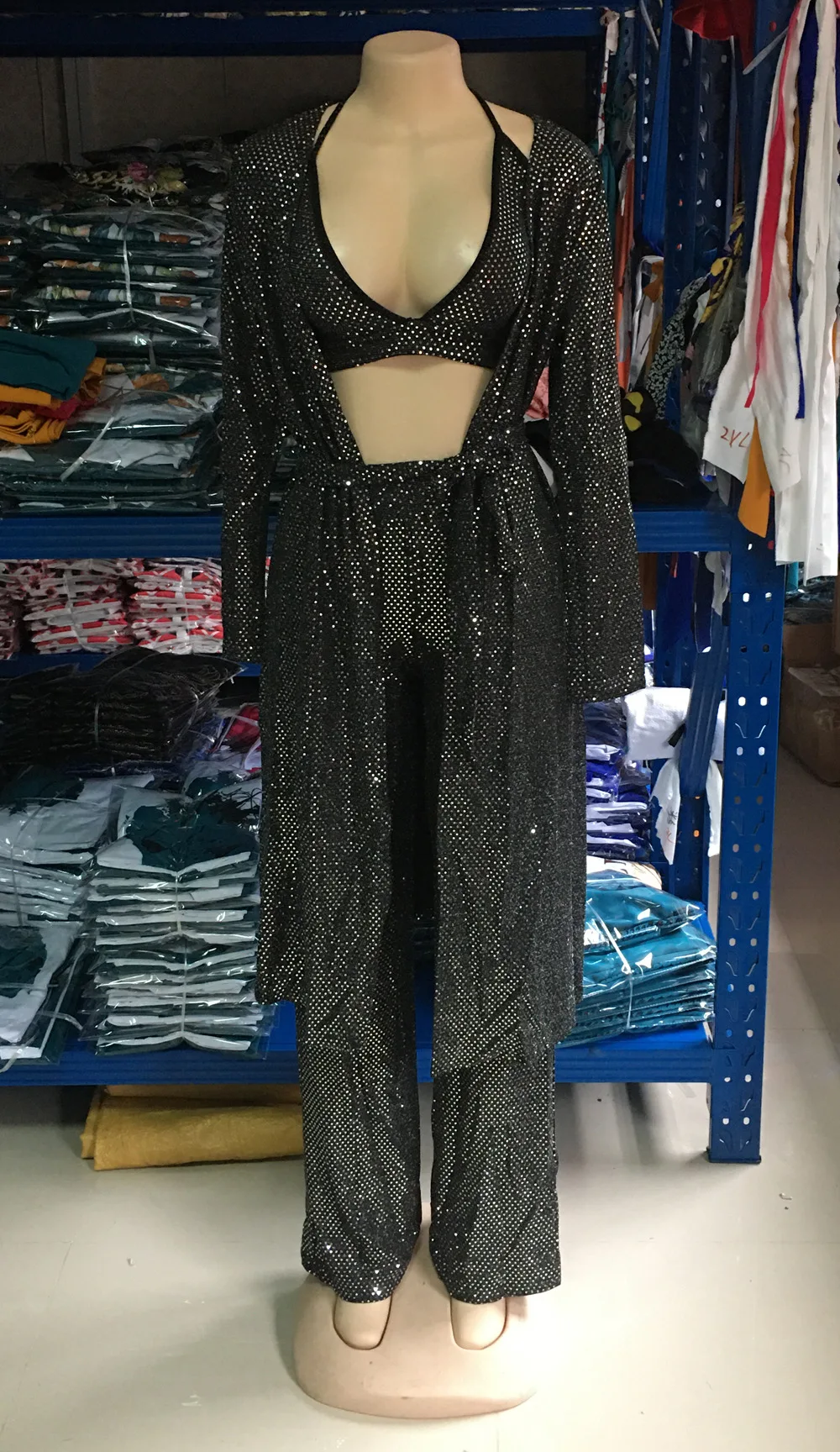 3 шт. Женский однотонный комплект бикини с блестками и длинным рукавом |