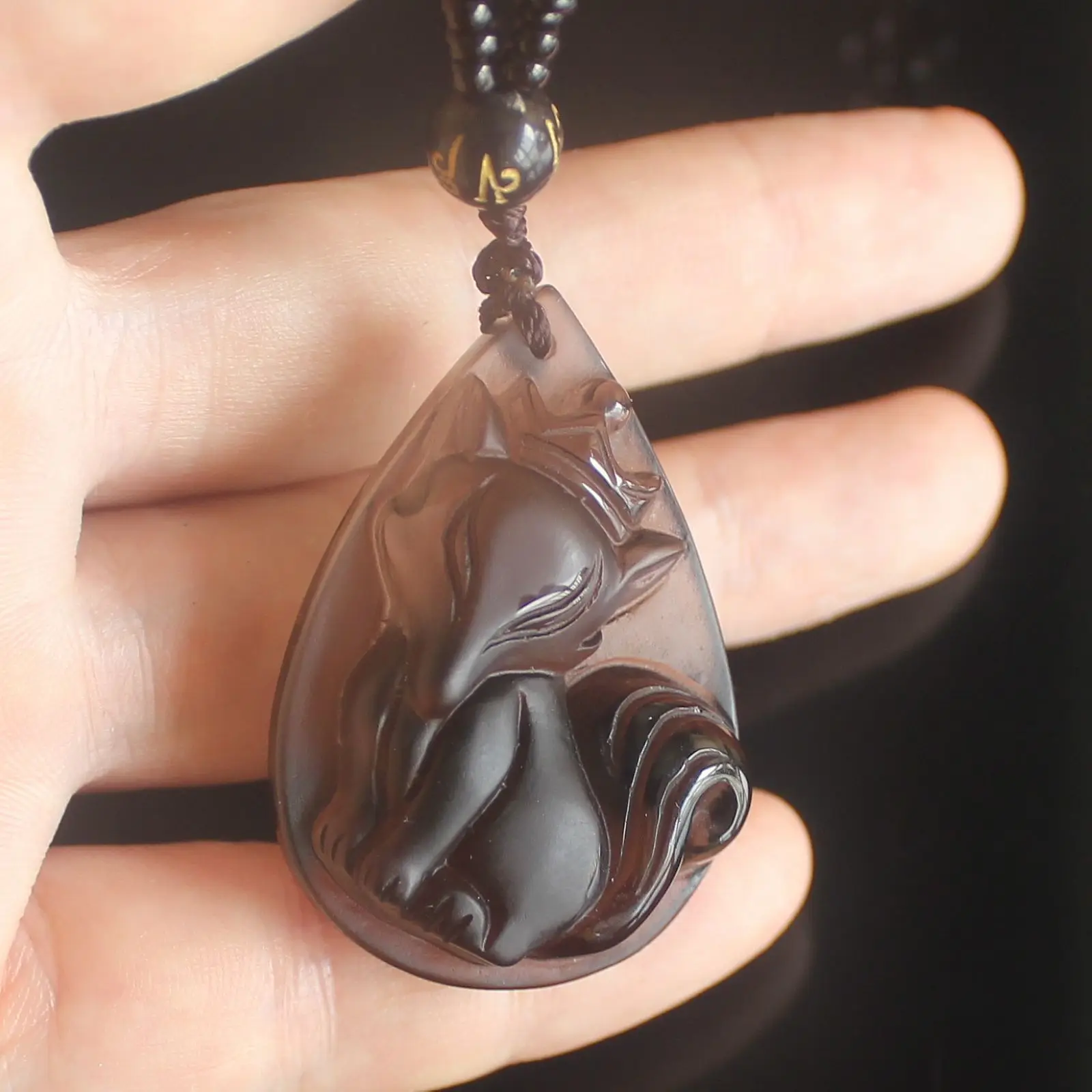 

Natural ice Obsidian Crystal fox Pendant with Bead Chain great gift necklace men or Women